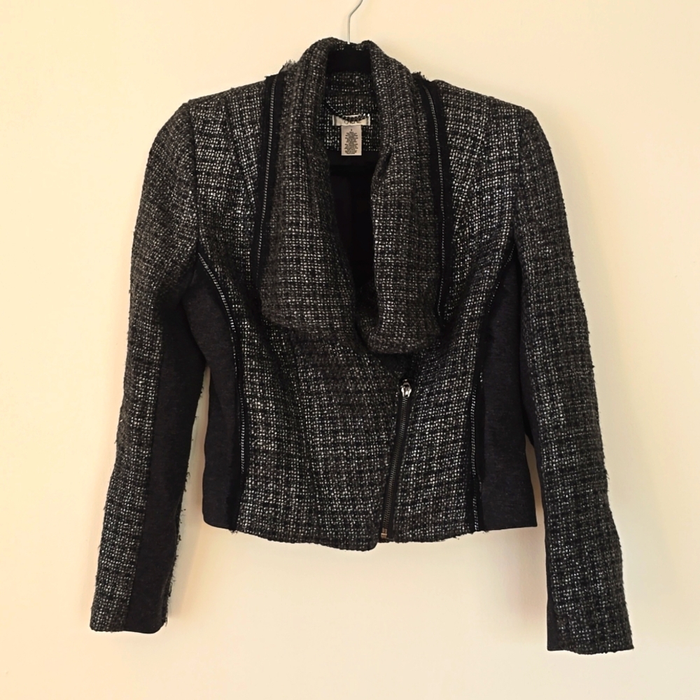 CACHE Charcoal Gray/Black Metallic Tweed Wool Blend Motorcycle Jacket Size 2